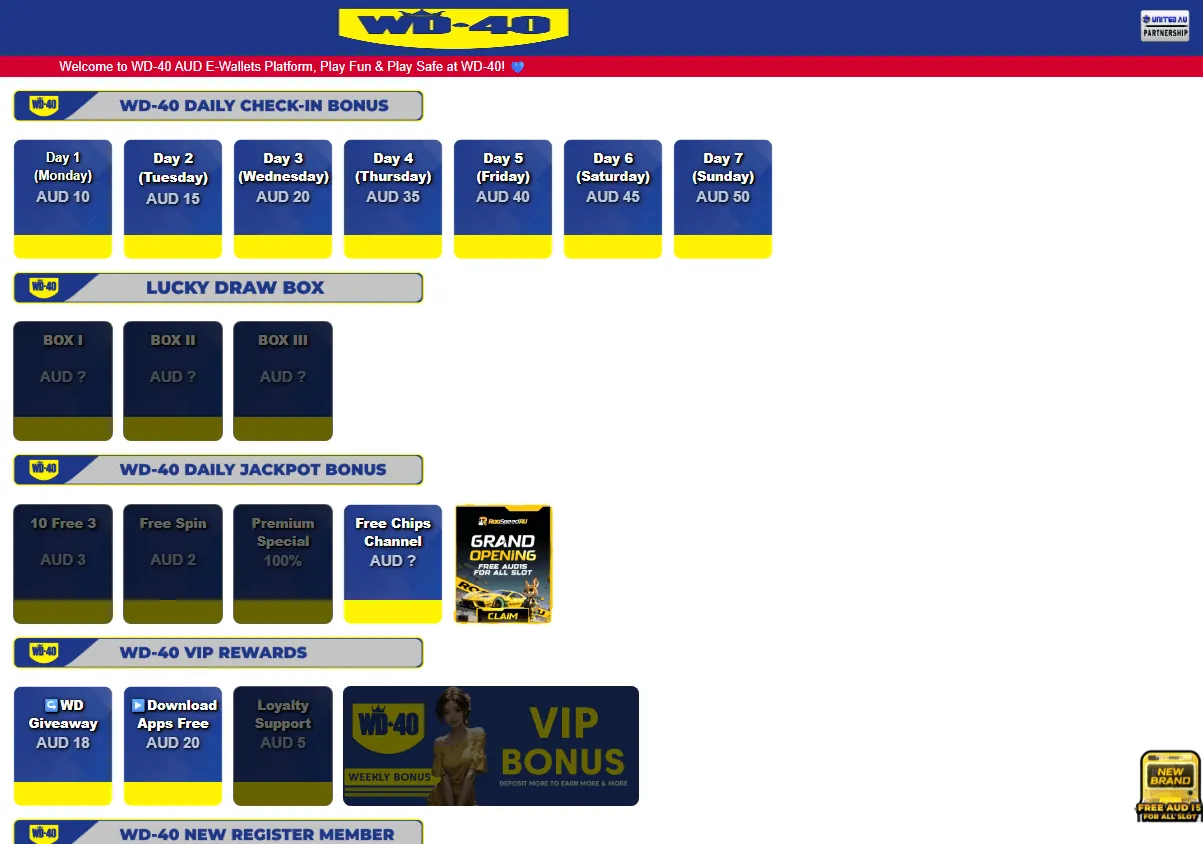 Wd-40 Casino desktop promotions area with welcome and daily rewards