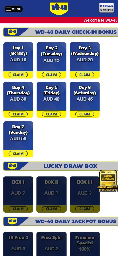 Wd-40 Casino mobile promotions area with daily and VIP rewards